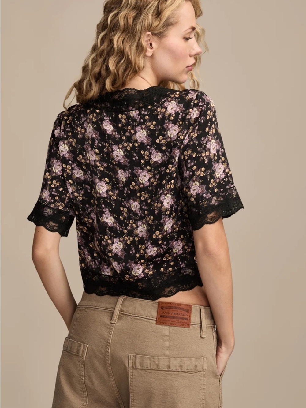 Lucky Brand Black Floral Lace-Trim Button Front Blouse - Picture 7 of 8